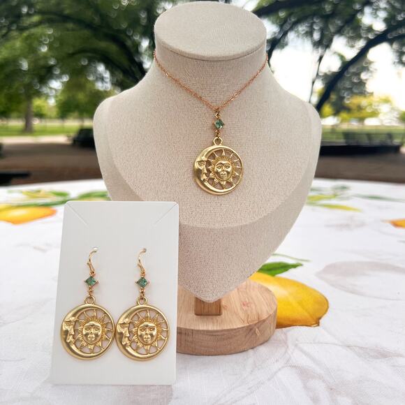 Cyan Teal Moon Luna Lunar Sea Green Statement Witchy Fun Casual Jewelry Set - Picture 1 of 6